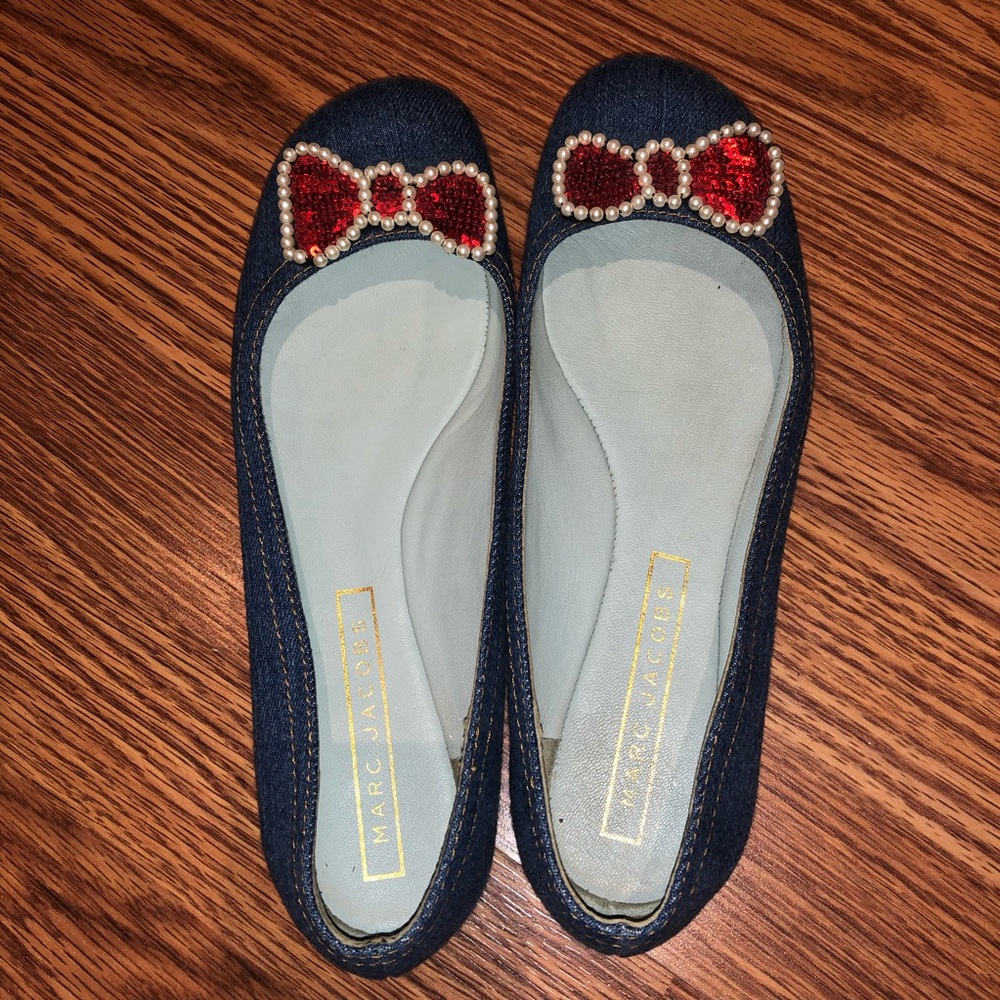 Marc Jacobs Denim Flats with Red Bow